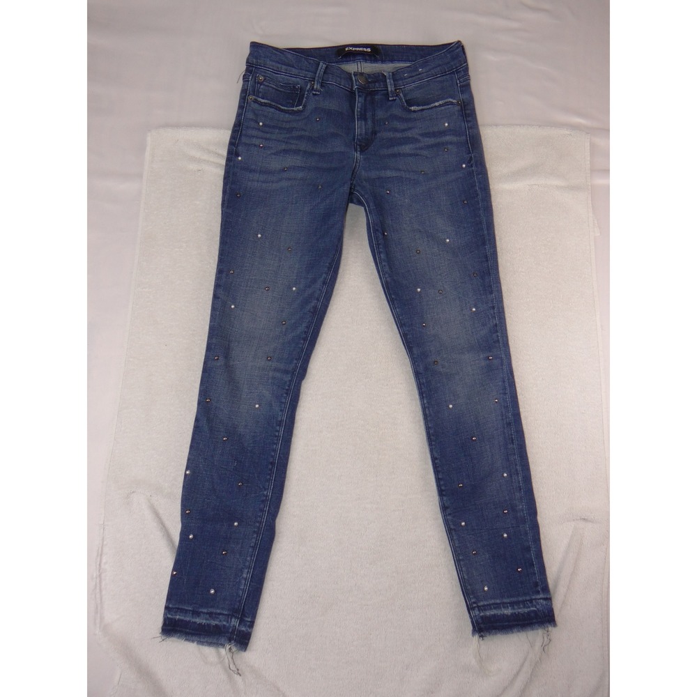 Express Performance Stretch+ Ankle Legging Jeans Blue Pearl Studded Raw Hem 4R